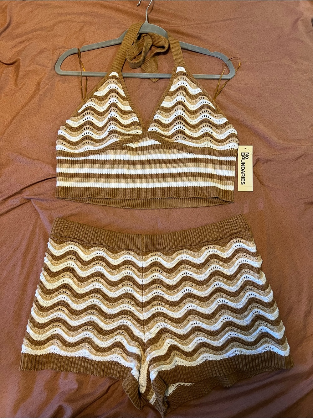 No Boundaries Brown & White Knit Halter Crop Top and Shorts Set